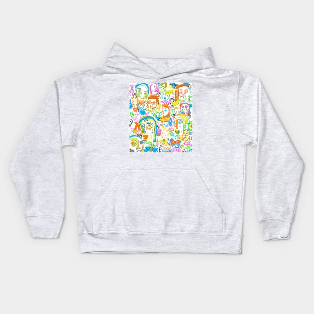 doodle colorful, faces, animals Kids Hoodie by Angel Rivas